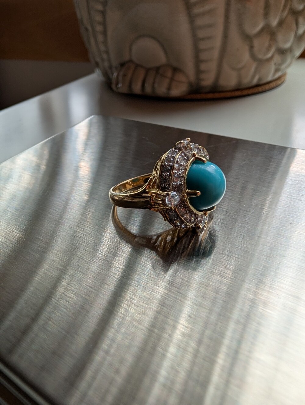 Sleeping Beauty Turquoise Halo 925 Sterling Silver Gold Plated Cocktail Ring, 7 - Picture 9 of 13